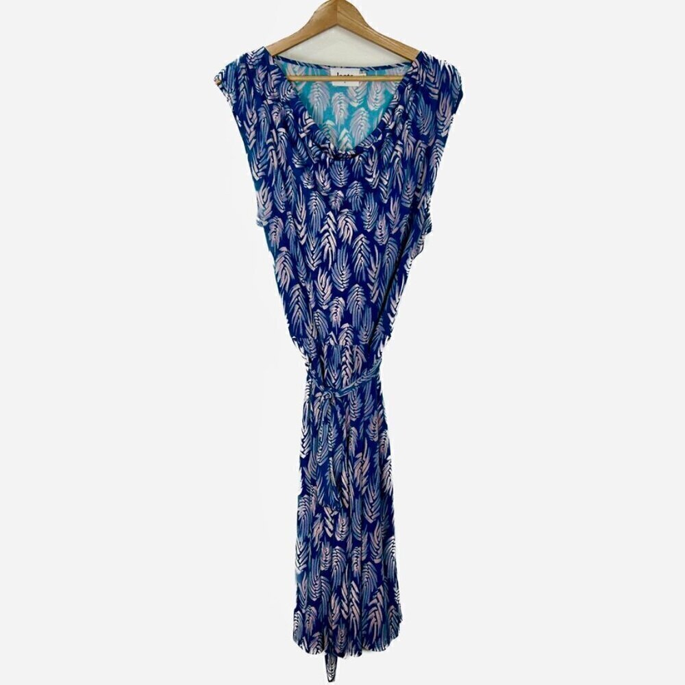 Leota Knee Length Tie Waist Blue & Pink Tropical Stretch Cowl Neck Dress Sz: 2L